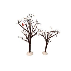 2 Department 56 Winter Bare Branch Tree Figurines, 1 w/Cardinal Christmas Decor